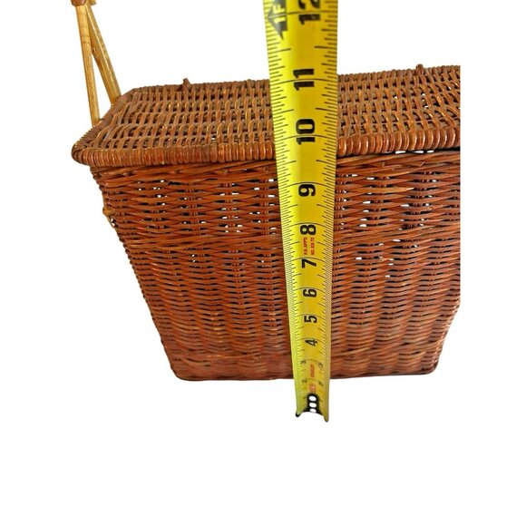 Vintage Coated Wicker Hinged Lidded Basket Stationary Handle Rectangle Storage - Picture 13 of 15